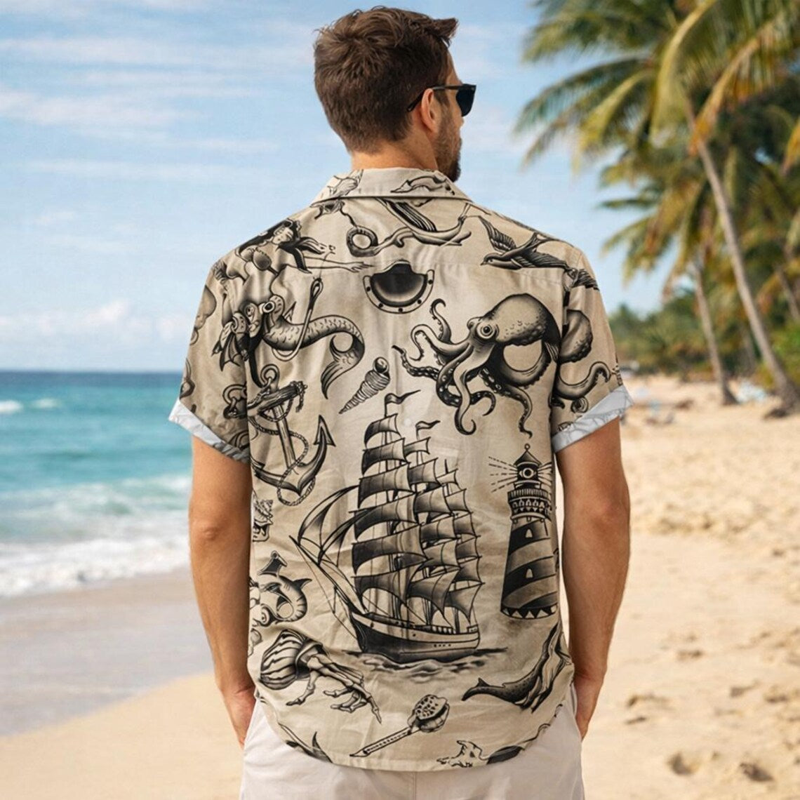 Nautical Hawaii Shirt for Men, Sailing Ship Octopus Anchor Lighthouse Print Shirt