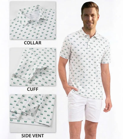 Men's Golf Polo Shirt – Green Golf Cart Pattern, Athletic Fit