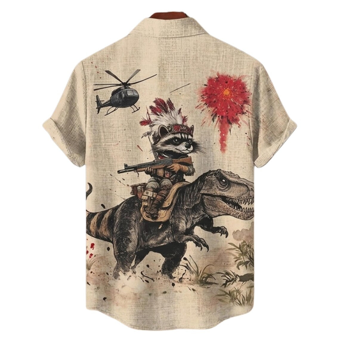 Funny Raccoon Riding T-Rex Hawaiian Shirt, Dino Graphic Button Up