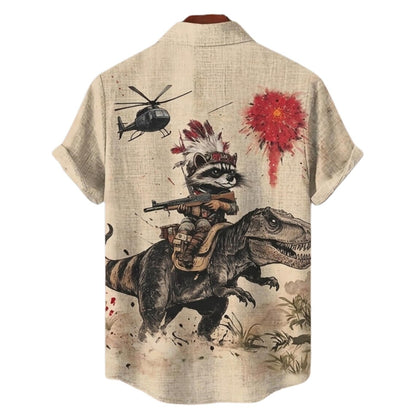 Funny Raccoon Riding T-Rex Hawaiian Shirt, Dino Graphic Button Up