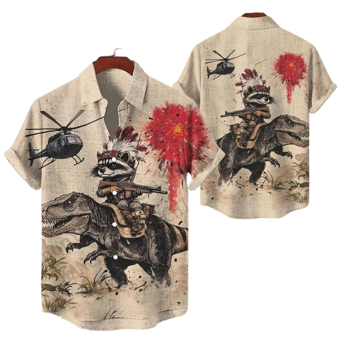Funny Raccoon Riding T-Rex Hawaiian Shirt, Dino Graphic Button Up