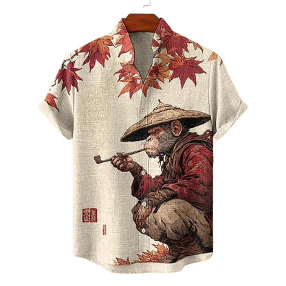 Japanese Art Monkey Hawaiian Shirt, Autumn Maple Leaf Button Up