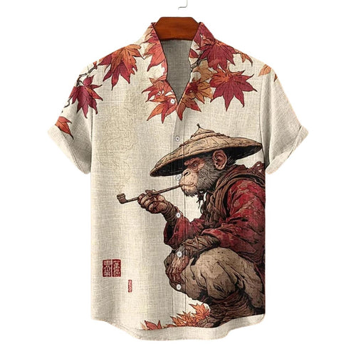 Japanese Art Monkey Hawaiian Shirt, Autumn Maple Leaf Button Up