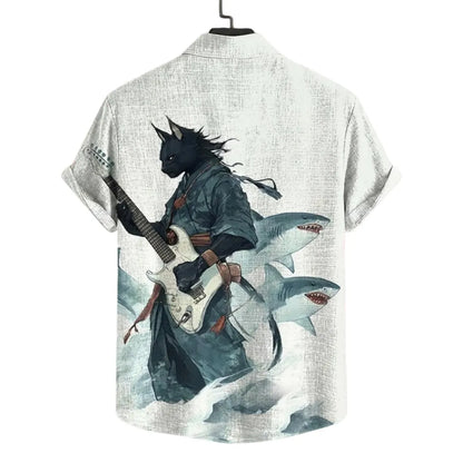 Samurai Wolf Hawaiian Shirt, Shark Guitar Button Up Shirt, Japanese Warrior Animal Shirt