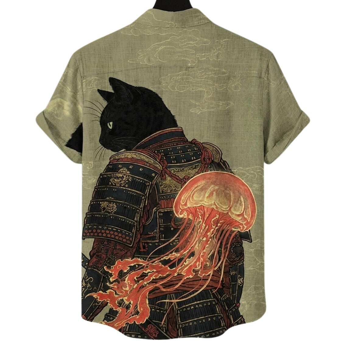 Black Cat Samurai Hawaiian Shirt, Japanese Armor Jellyfish Button Up