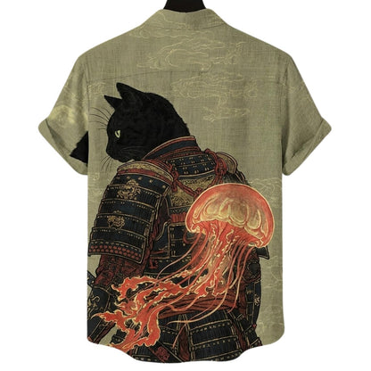 Black Cat Samurai Hawaiian Shirt, Japanese Armor Jellyfish Button Up