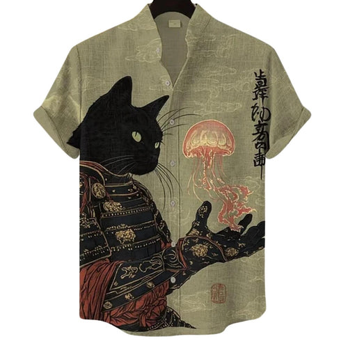 Black Cat Samurai Hawaiian Shirt, Japanese Armor Jellyfish Button Up