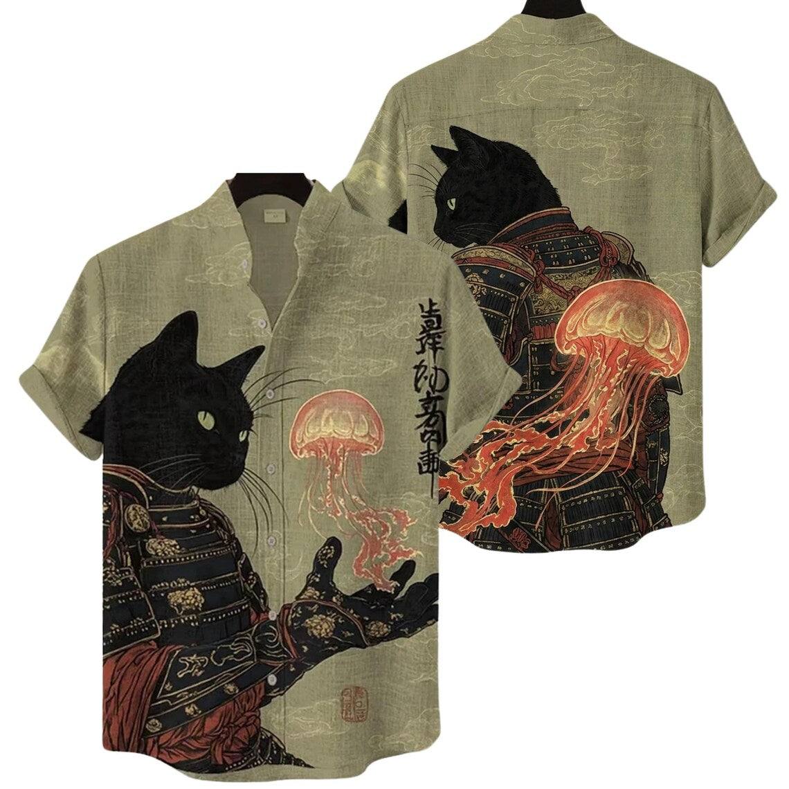 Black Cat Samurai Hawaiian Shirt, Japanese Armor Jellyfish Button Up
