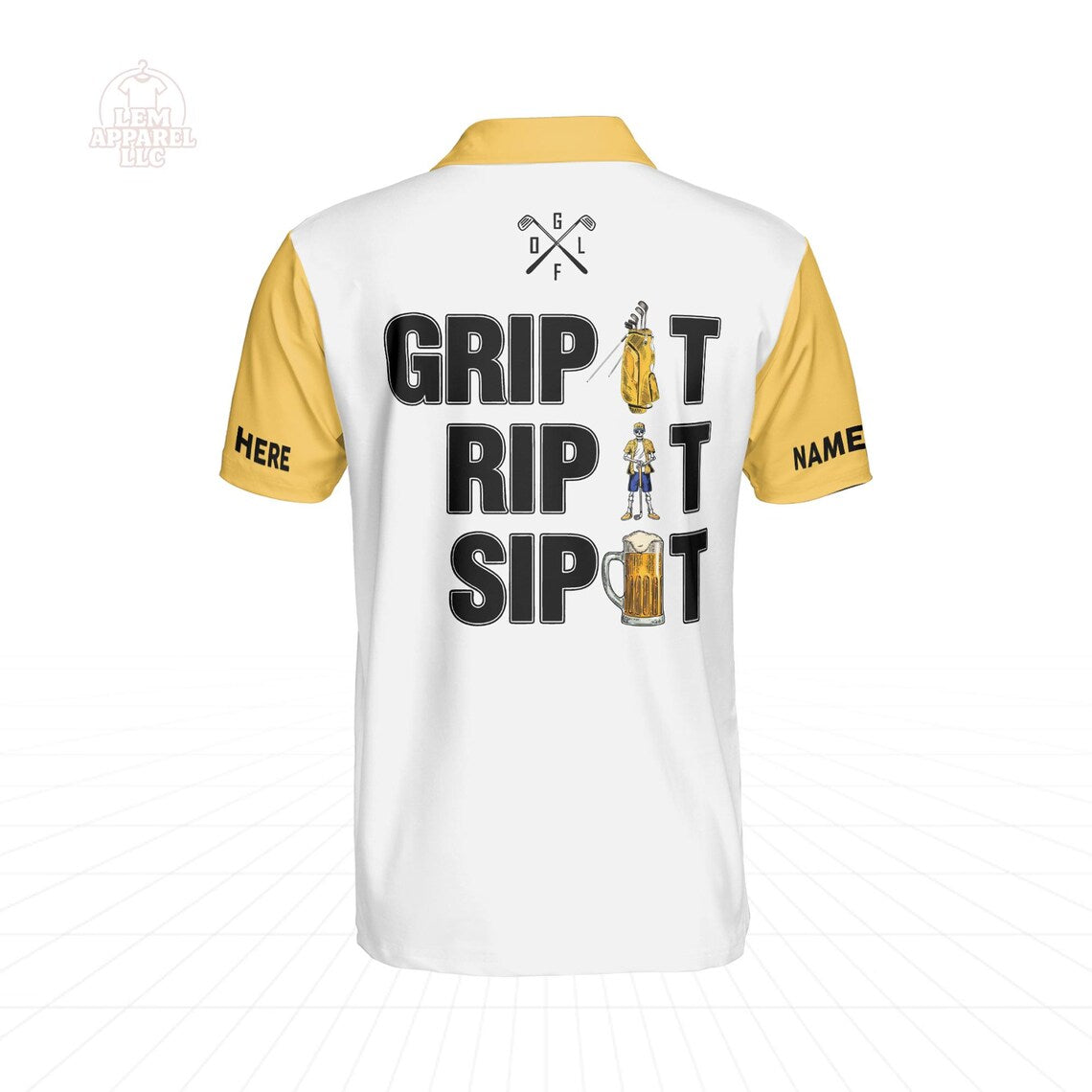 Funny Skeleton Golf Polo Shirt Personalized Name, Grip It Rip It Sip It, Beer Golfer Shirt
