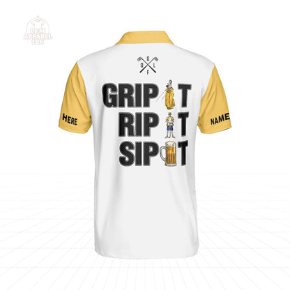 Funny Skeleton Golf Polo Shirt Personalized Name, Grip It Rip It Sip It, Beer Golfer Shirt