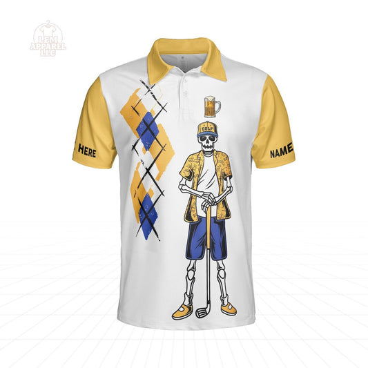 Funny Skeleton Golf Polo Shirt Personalized Name, Grip It Rip It Sip It, Beer Golfer Shirt