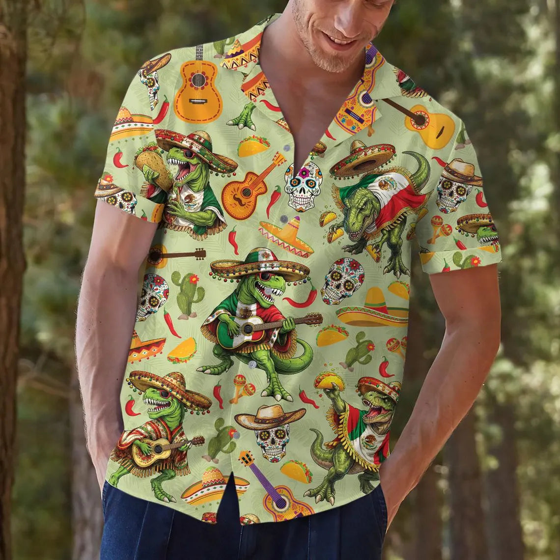 Men's Taco Dinosaur Skull Hawaiian Shirt, Fiesta Party Vacation Button Down