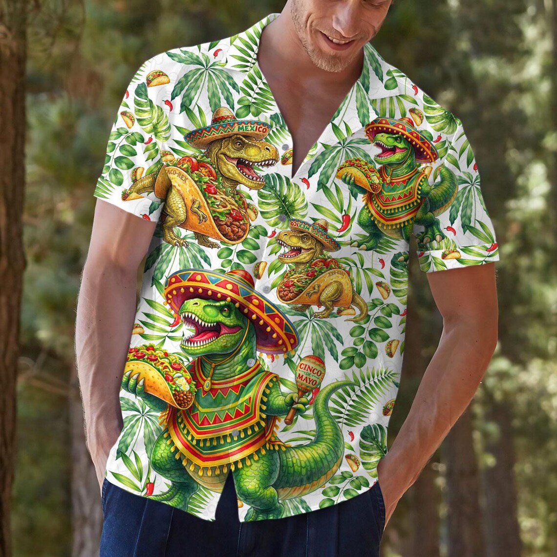 Men's Taco Dinosaur Hawaiian Shirt, Fiesta Party Vacation Button Down