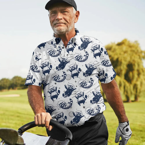Men's Galaxy Raccoon Hawaiian Golf Polo Shirt, Funny Space Animal Print