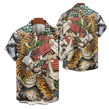 Japanese Samurai Tiger Hawaiian Shirt for Men, Ukiyoe Tattoo Print Button Up