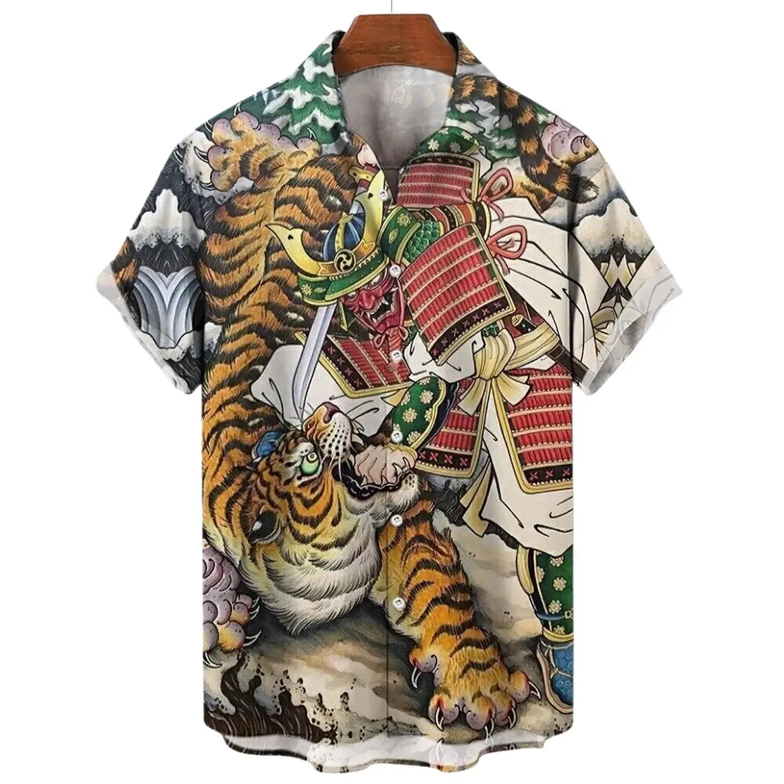 Japanese Samurai Tiger Hawaiian Shirt for Men, Ukiyoe Tattoo Print Button Up