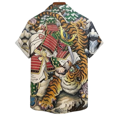 Japanese Samurai Tiger Hawaiian Shirt for Men, Ukiyoe Tattoo Print Button Up
