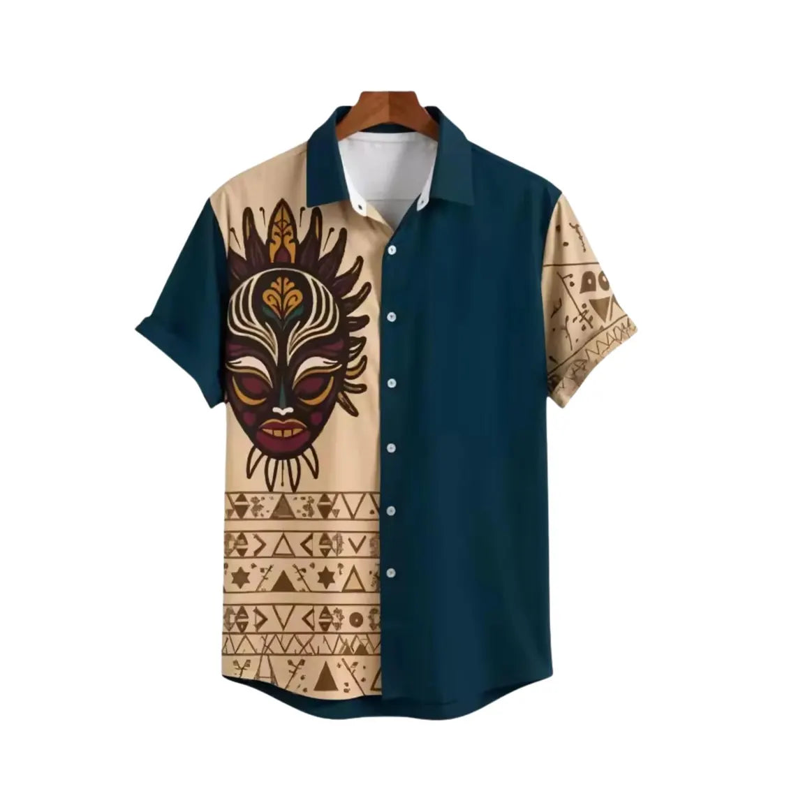 Tiki Mask Hawaiian Shirt for Men, Tribal Button Up Aloha Shirt, Blue Beige Island Vacation Beach Shirt