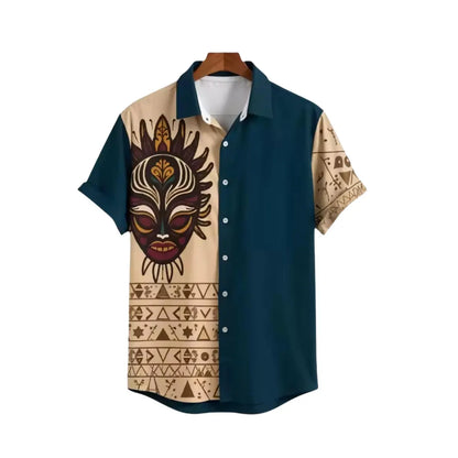 Tiki Mask Hawaiian Shirt for Men, Tribal Button Up Aloha Shirt, Blue Beige Island Vacation Beach Shirt