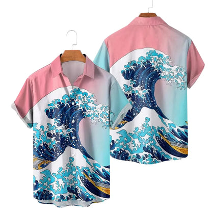 Great Wave Hawaiian Shirt for Men, Pink Blue Japanese Art Button Up