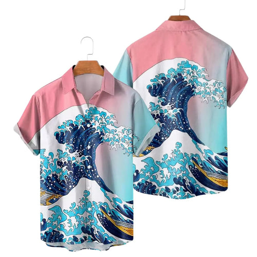 Great Wave Hawaiian Shirt for Men, Pink Blue Japanese Art Button Up