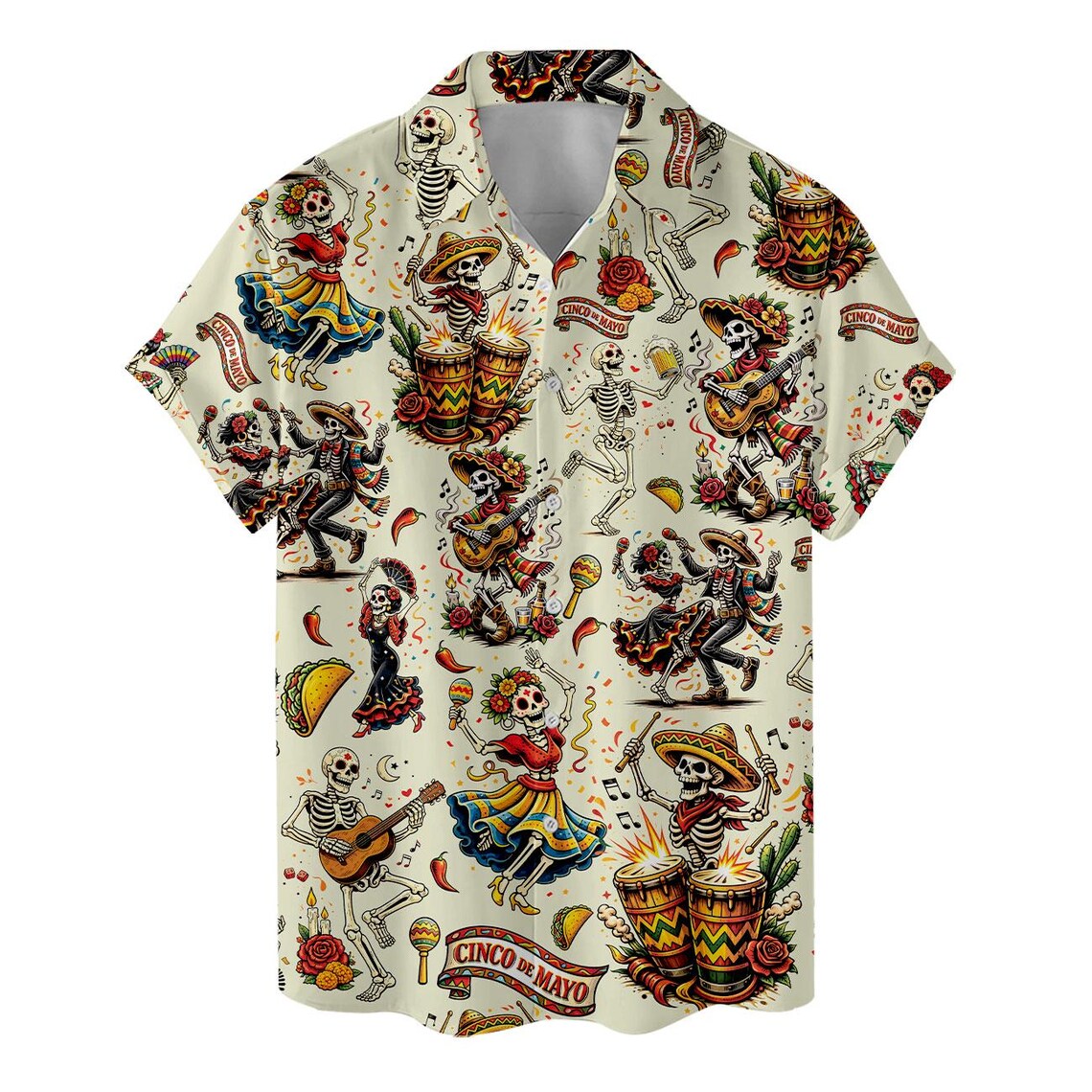 Men's Skeleton Taco Hawaiian Shirt, Cinco de Mayo Fiesta Button Down Vacation Shirt