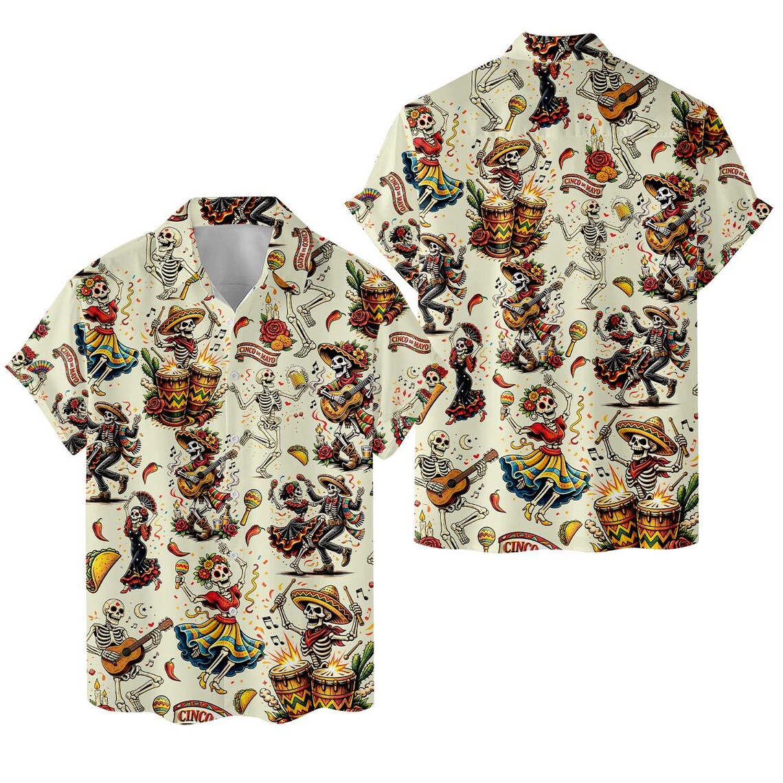 Men's Skeleton Taco Hawaiian Shirt, Cinco de Mayo Fiesta Button Down Vacation Shirt