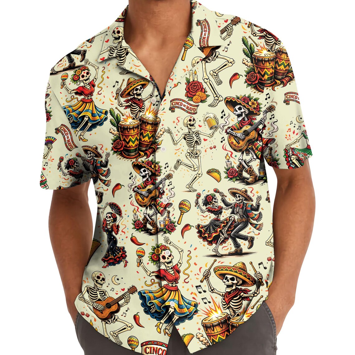 Men's Skeleton Taco Hawaiian Shirt, Cinco de Mayo Fiesta Button Down Vacation Shirt