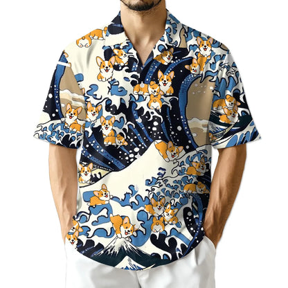 Corgi Hawaiian Shirt, Japanese Wave Aloha Shirt, Cute Dog Great Wave Shirt