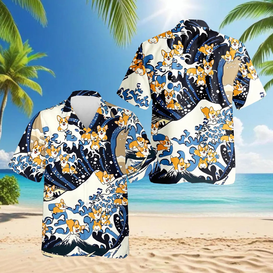 Corgi Hawaiian Shirt, Japanese Wave Aloha Shirt, Cute Dog Great Wave Shirt