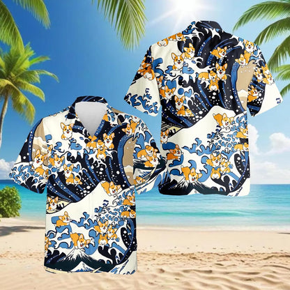 Corgi Hawaiian Shirt, Japanese Wave Aloha Shirt, Cute Dog Great Wave Shirt