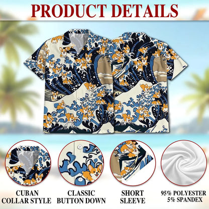 Corgi Hawaiian Shirt, Japanese Wave Aloha Shirt, Cute Dog Great Wave Shirt