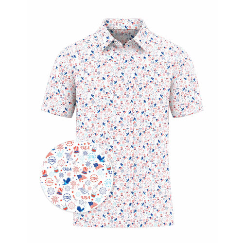 USA Patriotic Golf Polo Shirt 4th of July Shirt American Flag Fireworks Polo Independence Day Red White Blue Golf Shirt USA 1776 Polo Tee