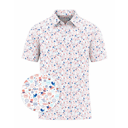 USA Patriotic Golf Polo Shirt 4th of July Shirt American Flag Fireworks Polo Independence Day Red White Blue Golf Shirt USA 1776 Polo Tee