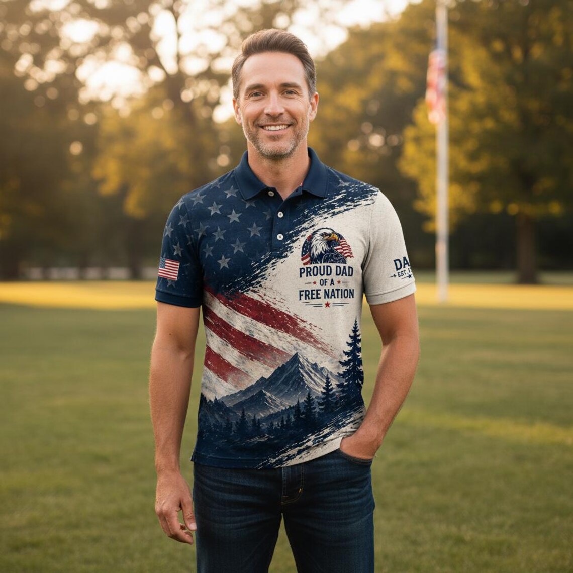 Personalized American Flag Polo Shirt, Custom Name Dad Gift
