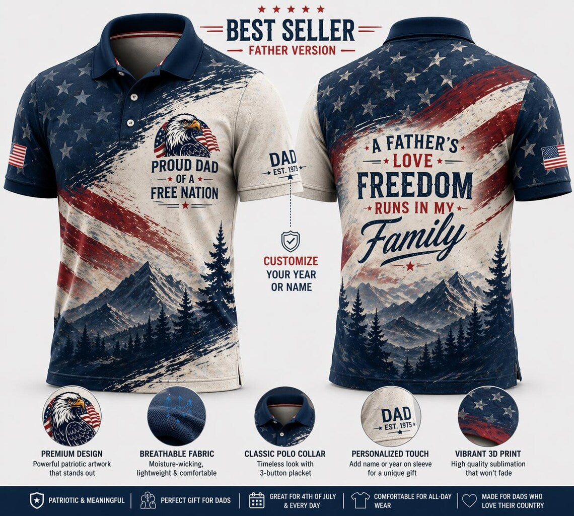 Personalized American Flag Polo Shirt, Custom Name Dad Gift