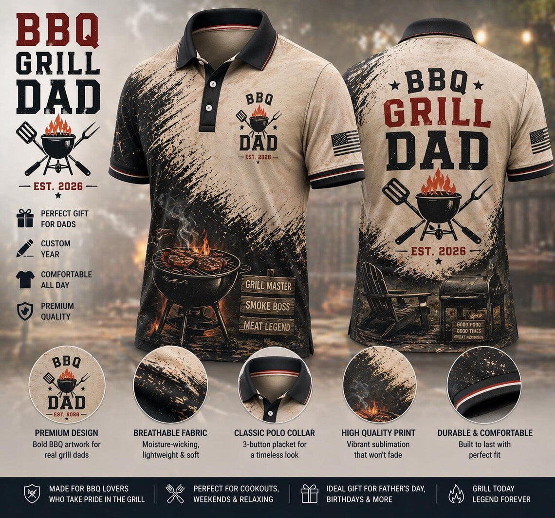 Personalized BBQ Dad Polo Shirt, Custom Name Grill Dad Gift for Dad