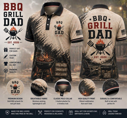 Personalized BBQ Dad Polo Shirt, Custom Name Grill Dad Gift for Dad