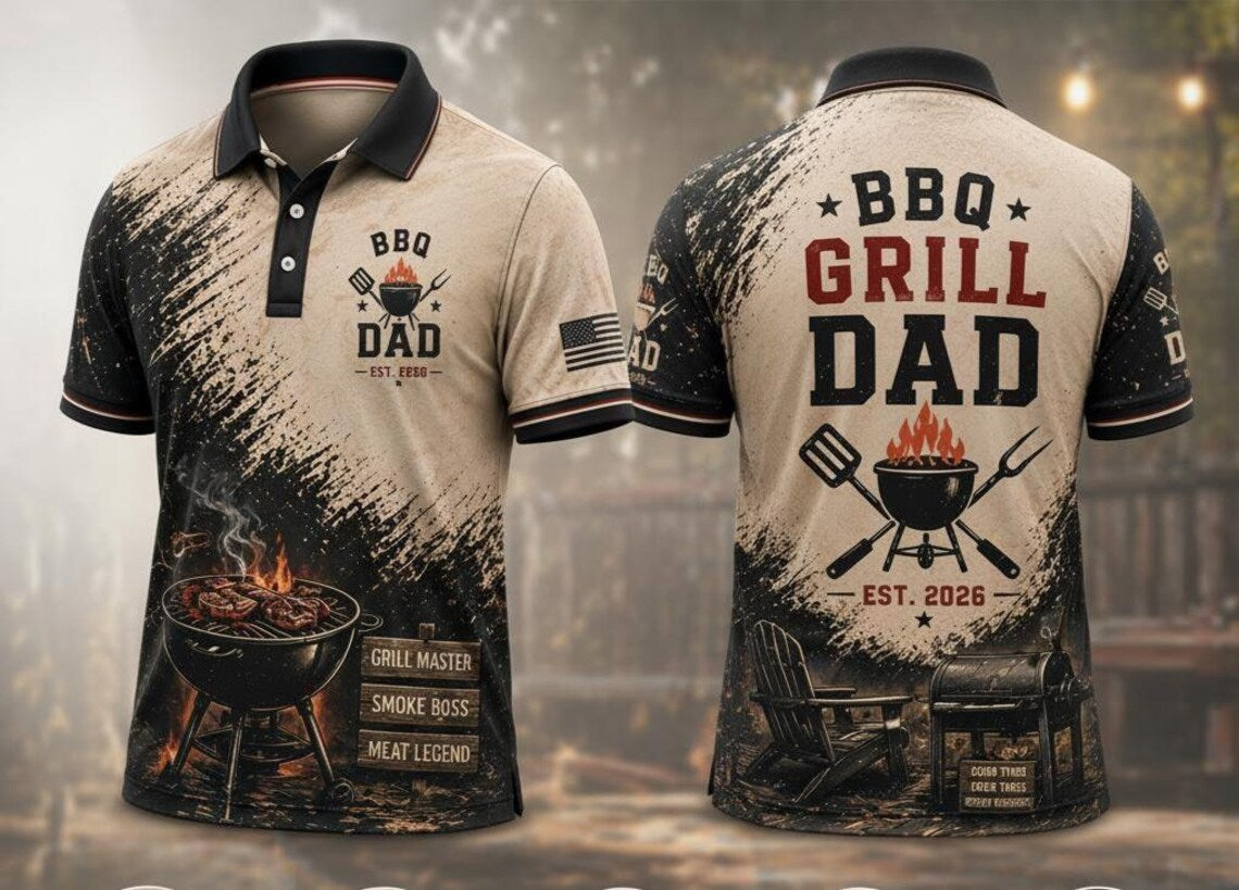 Personalized BBQ Dad Polo Shirt, Custom Name Grill Dad Gift for Dad