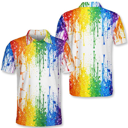 LGBT Pride Rainbow Polo Shirt, Colorful Paint Splash Shirt Button Up
