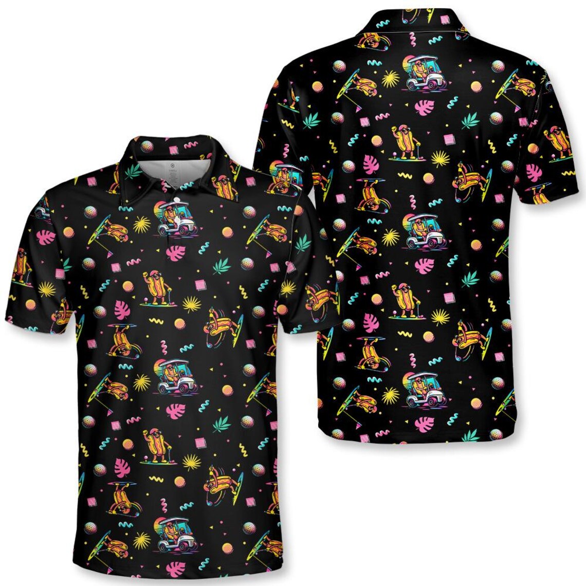 Funny Hotdog Golf Polo Shirt, Neon Golf Cart Pattern Shirt Button Up
