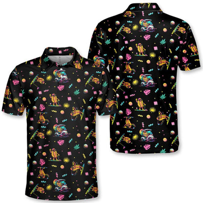 Funny Hotdog Golf Polo Shirt, Neon Golf Cart Pattern Shirt Button Up