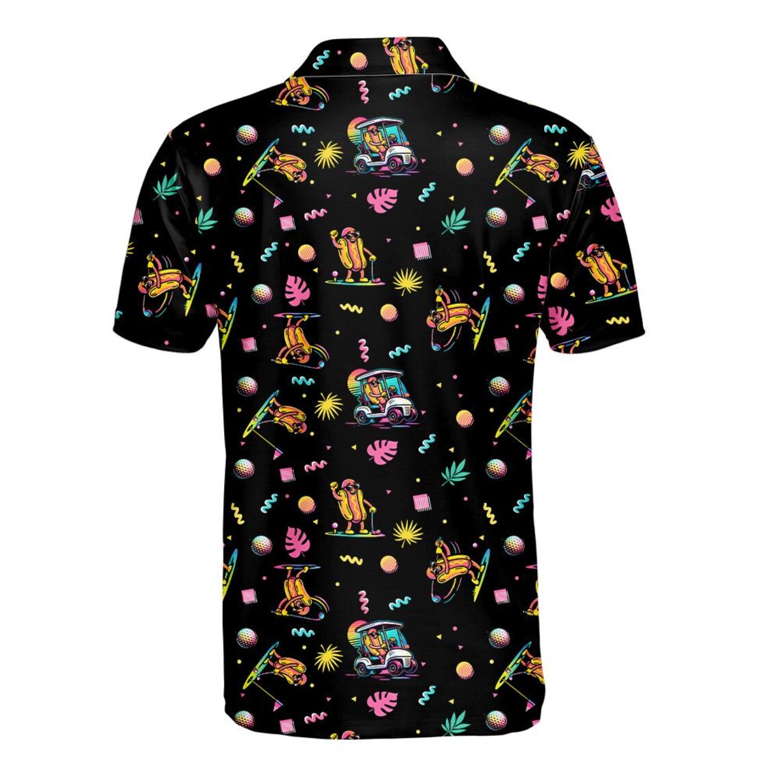 Funny Hotdog Golf Polo Shirt, Neon Golf Cart Pattern Shirt Button Up