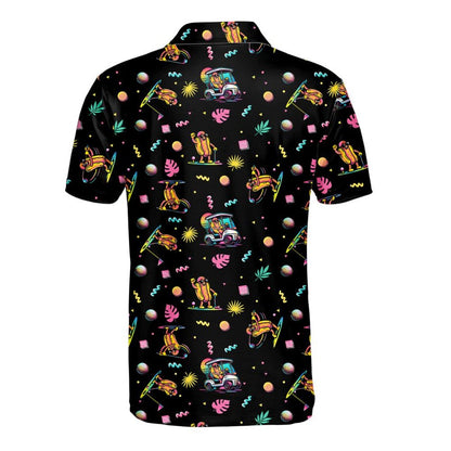 Funny Hotdog Golf Polo Shirt, Neon Golf Cart Pattern Shirt Button Up