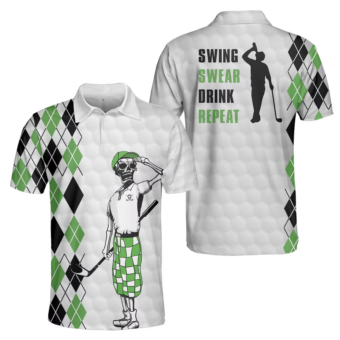 Skeleton Hawaiian Golf Polo Shirt, Vintage Golfing Print, Casual Mens Top
