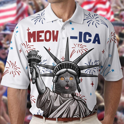 Patriotic Meowica Personalized Photo Polo Shirt, Custom Cat Photo Polo
