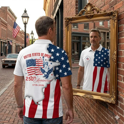 USA 250 Anniversary Polo Shirt, American Flag Polo for Men, 1776-2026 Patriotic Shirt