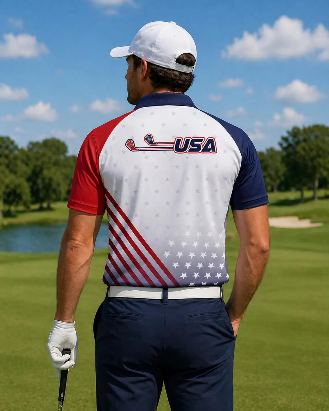 Personalized USA Golf Polo Shirt, American Flag Polo, Patriotic Red White Blue Shirt
