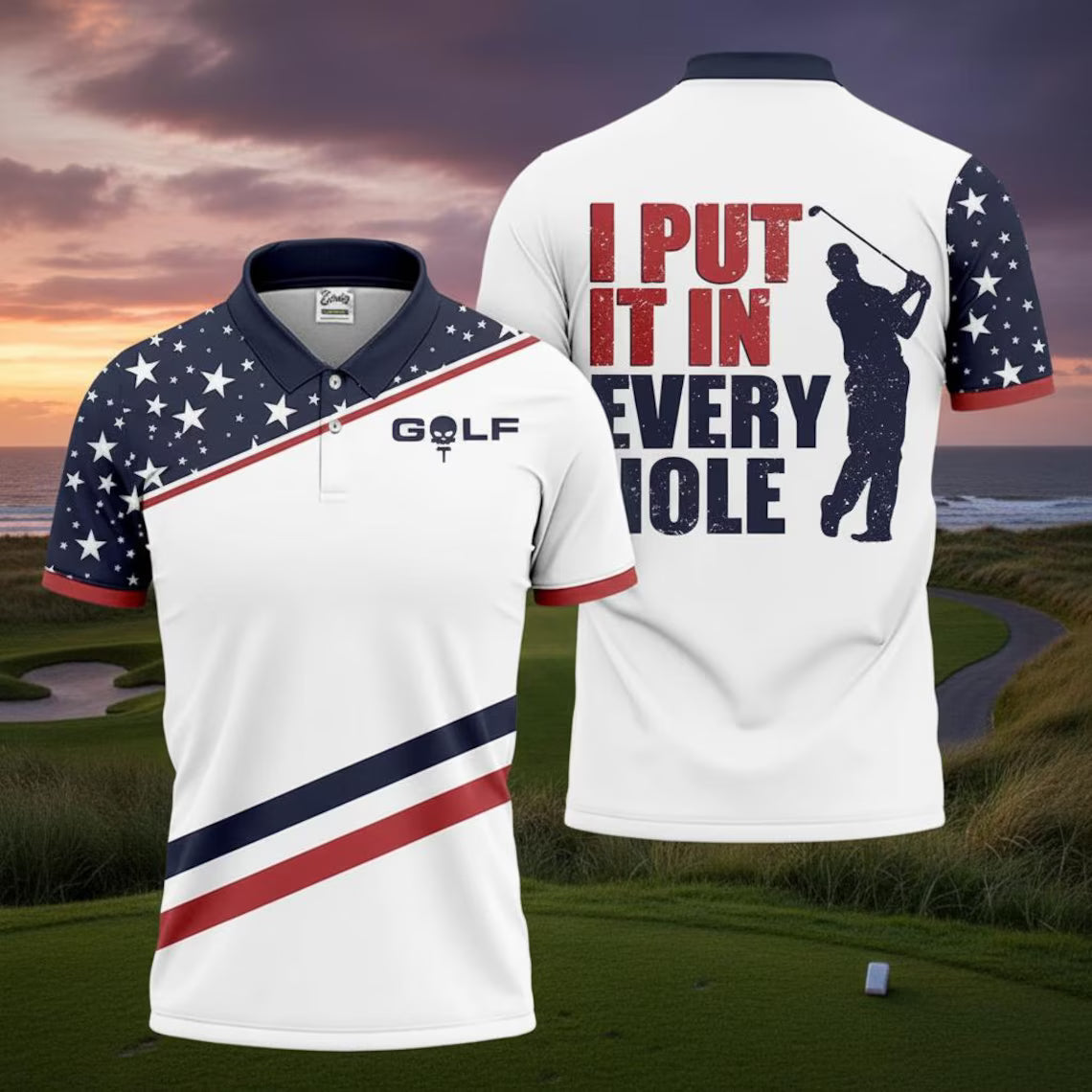 Patriotic Golf Beer Shirt – Men’s 4th of July Golf Polo,I Put It in Every Hole Mens Golf Polo Shirt