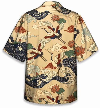 Japanese crane print shirt, Hawaiian style shirt, Oriental style shirt